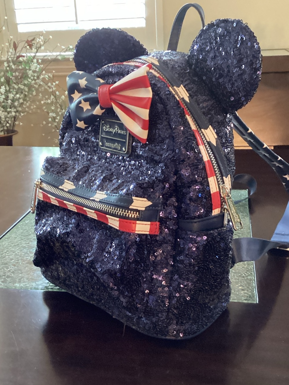 Disney navy blue Sequin Minnie Ear Backpack with Red White Blue Bow - Picture 5 of 9